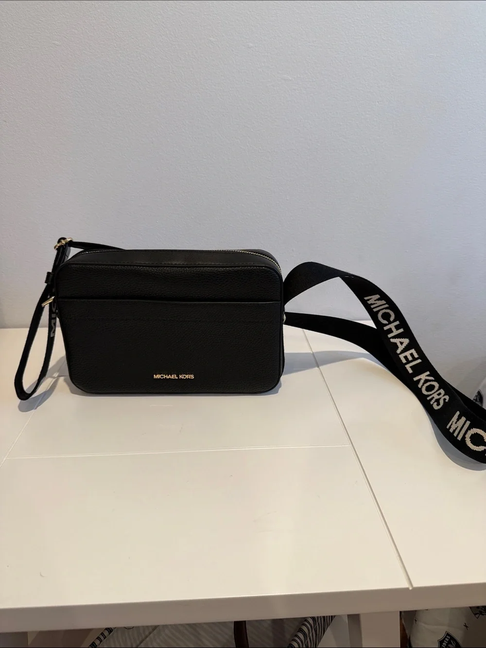 Michael Kors Black Pebbled Leather Crossbody with Logo Strap